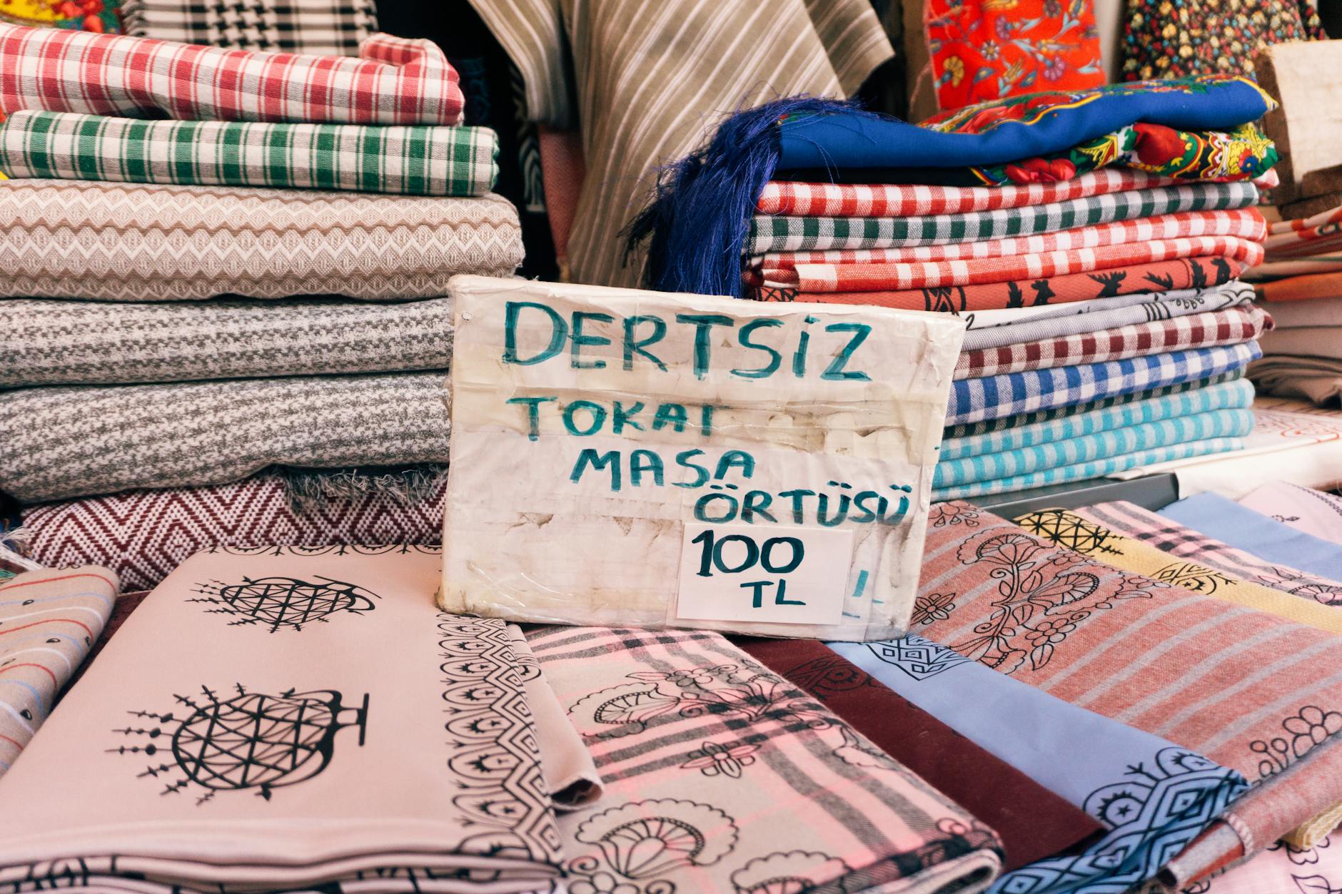 colorful turkish textiles on display at market